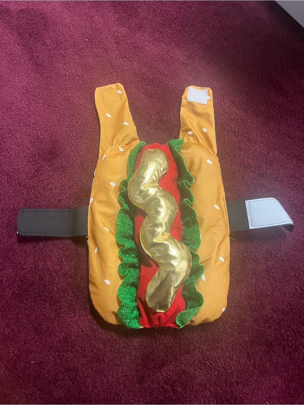 Small Dog Hot Dog Costume Harness - Yellow Bun with Green & Gold Details
